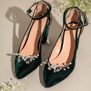 Green Wedding Heel Emerald Silky Velvet Bridal Shoe with Medium High Block Heel, Classic Ankle Strap Bridesmaid Wedding Sandal, Gift for Her