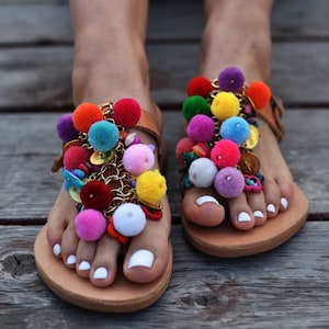 Boho sandals "Pansy", Leather sandals, Greek sandals, Pom pom sandals, Summer sandals, Handmade sandals, Bohemian sandals