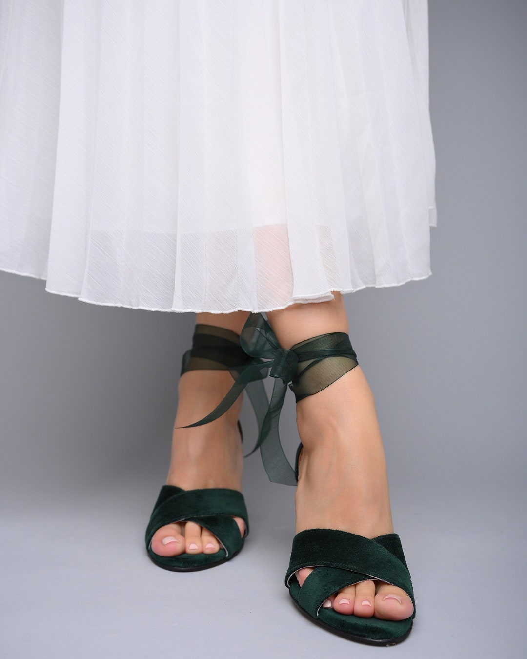 Dark Green Velvet Block Heels Green Wedding Shoes Green Bridal Shoes Green Wedding sandals Velvet Block Wedding Heels TULLENIA X