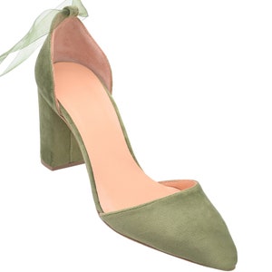 Sage Green Velvet Block Heels, Green wedding shoes, Pointed toe Green Wedding Heels, Green Velvet Pumps, Green Bridal shoes OLIVE FOREST image 5
