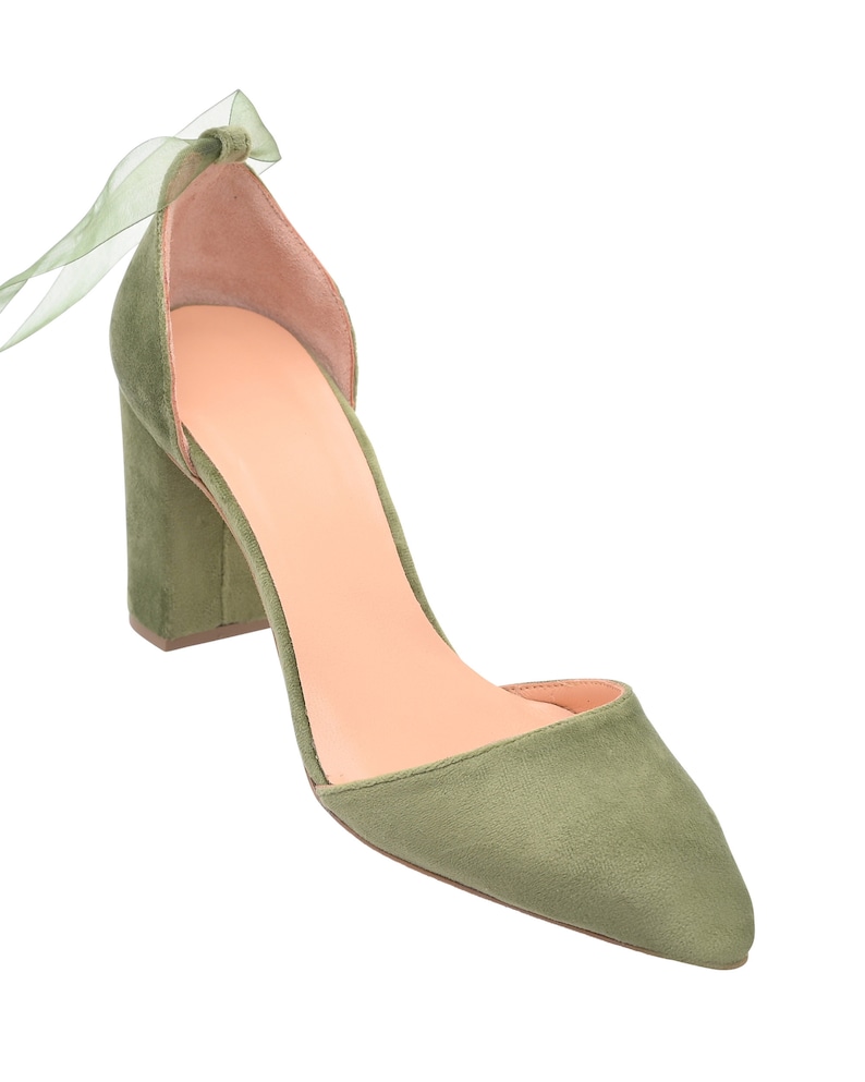 Sage Green Velvet Block Heels, Green wedding shoes, Pointed toe Green Wedding Heels, Green Velvet Pumps, Green Bridal shoes OLIVE FOREST image 5