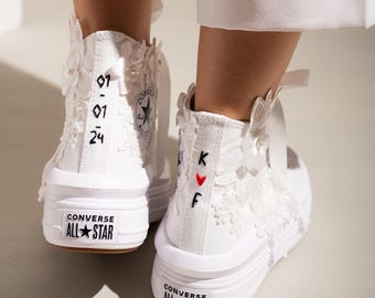 Personalized Wedding Sneakers White Converse, Lace Platform Bridal Sneakers