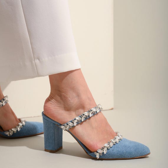 Denim Dress Shoes With Crystal Rhinestones, Handmade Block Heels