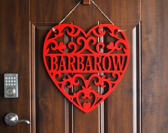 Heart Door Hanger, Scroll Design Personalized Name Sign, Valentines Day Gift