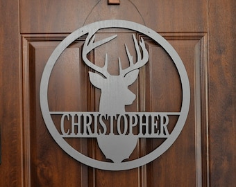 Deer Antlers Door Wall Hanger, Custom Name Hunters Sign