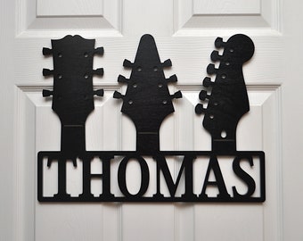 Guitar Name Wall or Door Hanger,  Personalized Rock & Roll Custom Sign, Kids Room Decor