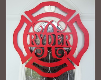 Firefighters Maltese Cross Monogram Door Hanger, Personalized Name Monogram, Fireman Sign