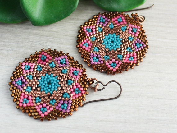 Colorful Beadwork Circle Earrings Handmade Round Seed Bead | Etsy