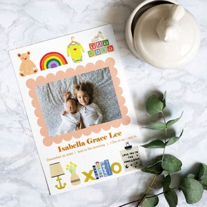 Carte d'annonce de naissance de bébé nouveau-né imprimable, modèle téléchargeable numérique de bébé orange et jaune, bébé arc-en-ciel, téléchargement immédiat, BÉBÉ