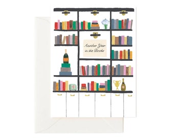 Book Birthday Card, Book Lover Birthday Greeting Card, Literary Bookworm Bookshelf Birthday Card, Greeting Card for Book Lover