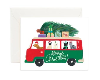 Christmas Van Cats // Merry Christmas Card, Holiday Cats Greeting Card