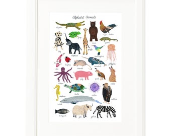 Rainbow Animal Alphabet Art Print, ABC Animal Poster for Kids Room Decor, Educational Animal Nursery Decor,