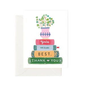 Thank You Book Lover Card, You’re The Best Greeting Card, Illustrated Stack of Books and Plant Card