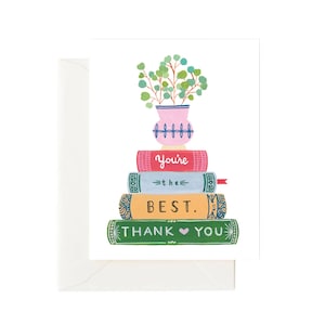 Thank You Book Lover Card, Youre The Best Greeting Card, Illustrated Stack of Books and Plant Card image 1