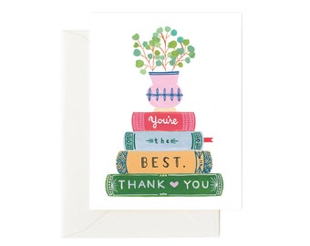 Thank You Book Lover Card, You’re The Best Greeting Card, Illustrated Stack of Books and Plant Card