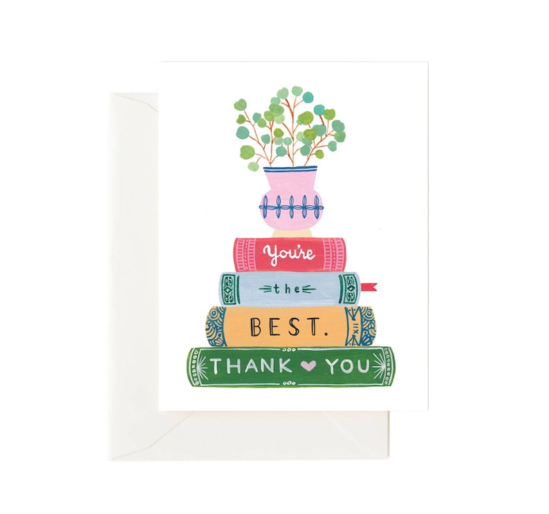 Thank You Book Lover Card, Youre The Best Greeting Card, Illustrated Stack of Books and Plant Card image 1