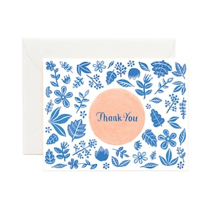 Tarjeta de agradecimiento de flor azul y melocotón // Tarjeta de agradecimiento floral, patrón de agradecimiento, tarjeta de agradecimiento moderna, papelería de oficina