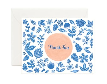 Blue and Peach Flower Thank You Card // Floral Thank You Card, Pattern Thank You, Modern Thank You Card, Office Stationery