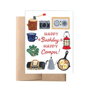 Happy Camper // Biglietto di compleanno avventura, biglietto di compleanno per amanti della vita all'aria aperta, carta da campeggio, carta natura, illustrazione