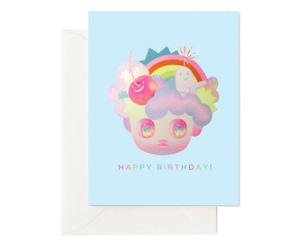 Rainbow Birthday Card // Cute Character Birthday, Kawaii Birthday, Birthday for Friend, Birthday for Sister, Colorful