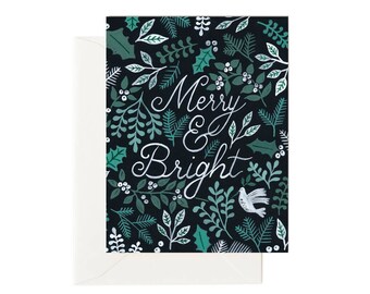 Merry and Bright // Christmas Card, Holiday Card, Floral Holiday Card, Dark Winter Florals, Calligraphy Holiday Card