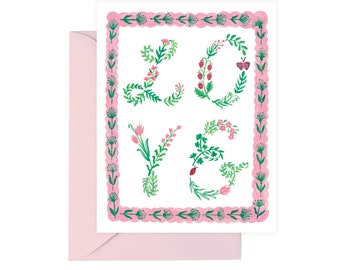 Love Script Scallop Everyday Greeting Card, Pink Floral Love and Friendship Card, Matching Pink Envelope