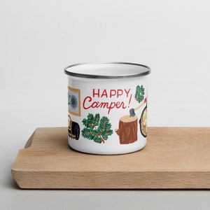 Happy Camper Holiday Enamel Mug, Retro Vintage Camping Mug, Campfire Travel Gift, Camp Gift, Cozy Holiday Mug, CUP