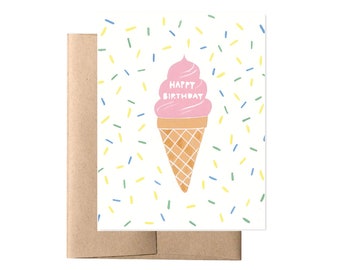 Ice Cream Cone Birthday Card // Sprinkle Ice Cream Card, Ice Cream Birthday, Dessert Card, Greeting Card, Ice Cream