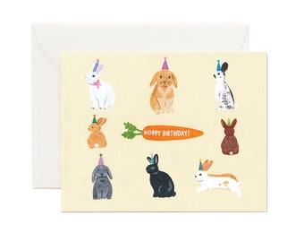 Bunnies Birthday Card, Hoppy Birthday Illustrated Rabbit Card, Cute Animal Birthday Greeting Card