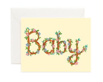 Baby Florals // Baby Shower Card, New Baby Card, Welcome Baby, Floral Lettering, Simple Baby Card