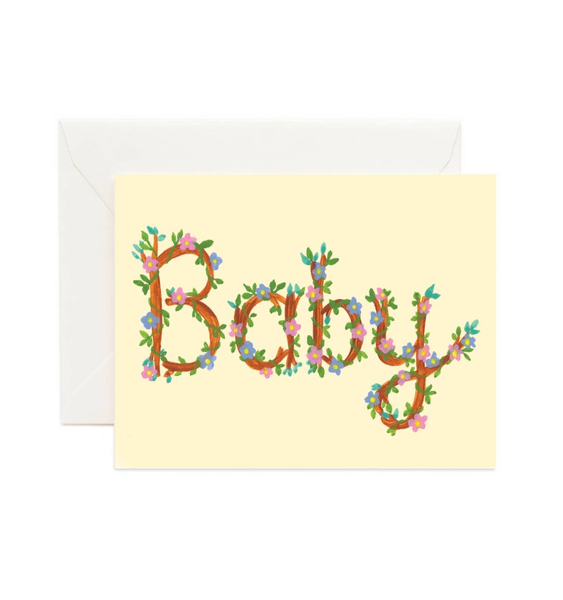 Baby Florals // Baby Shower Card, New Baby Card, Welcome Baby, Floral Lettering, Simple Baby Card image 1