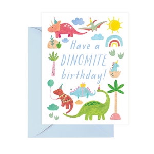 Tarjeta de cumpleaños de dinosaurio, tarjeta de felicitación de cumpleaños de Dinomite, tarjeta de feliz cumpleaños de fiesta de dinosaurios para niños, sobre azul, DINO