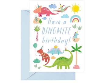 Carte d'anniversaire dinosaure, carte de voeux d'anniversaire Dinomite, carte de joyeux anniversaire fête dinosaure pour enfants, enveloppe bleue, DINO