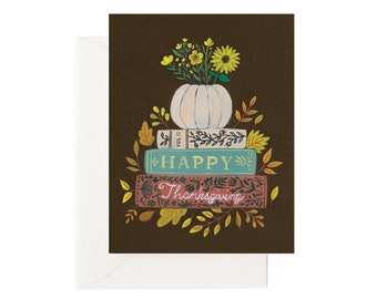 Thanksgiving Stack of Books Card, Thanksgiving Card, Autumn Fall Card, Literary Holiday Card, Thankful Card, Pumpkin Bouquet