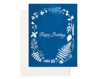 Happy Birthday Card Sunprint Wreath // Birthday Card, Floral Birthday, Sunprint Card, Botanical Card, Plant Lover Card, Blue Floral Card