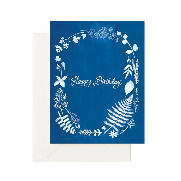 Happy Birthday Card Sunprint Wreath // Birthday Card, Floral Birthday, Sunprint Card, Botanical Card, Plant Lover Card, Blue Floral Card