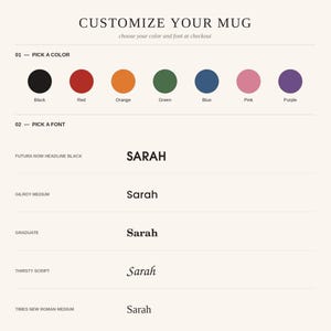 May include: A customization guide for a mug featuring seven color circles in black, red, orange, green, blue, pink, and purple. It lists five font options: Futura Now Headline Black, Gilroy Medium, Graduate, Thirsty Script, and Times New Roman Medium.