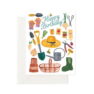 Cartão de aniversário do jardineiro, cartão de feliz aniversário de acessórios de jardim
