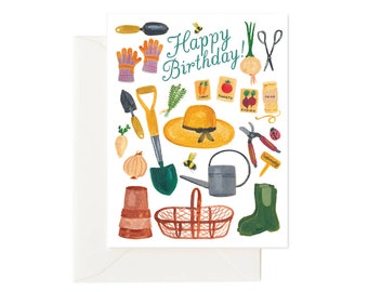 Gardener's Birthday Card, Garden Accessories Happy Birthday Card