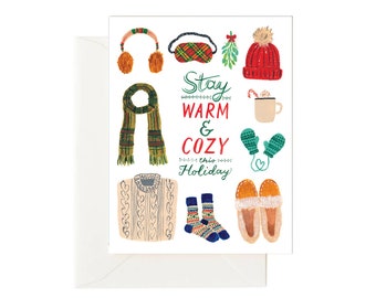 Carte de vacances typographie Stay Cozy, carte de Noël d’accessoires d’hiver confortables, carte de vacances mignonne