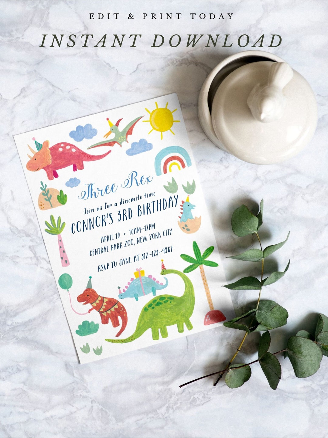 Kid's Dinosaur Party Invitation, Instant Download, Digital Downloadable ...