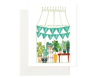 Greenhouse Plants Birthday Card, Greenery and Floral Birthday Card, Happy B-Day Botanical Greeting Card