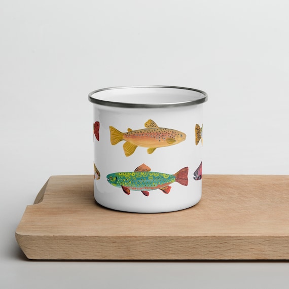 Trout Enamel Mug, Illustrated 12oz Enamel Mug, Retro Vintage Camping Mug, Campfire Travel Gift, Dad Boyfriend Mug, Gift for Fishers, CUP