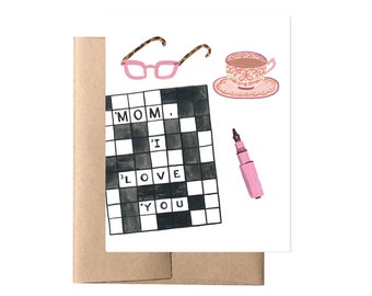 Mom Crossword Mother's Day Card // Card for Mother Mom, Crossword Puzzle for Mom, Illustrated Mom Card