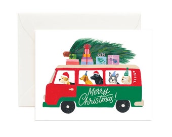 Christmas Van Dogs, Animal Dog Holiday Card, Christmas Card, Merry Christmas Card