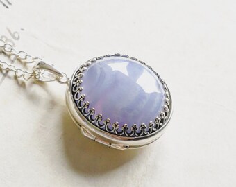 Personalised Sterling Silver Blue Lace Agate Photo Locket: Gemstone Medallion, Keepsake Jewelry