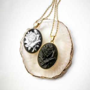 Personalized Photo Locket: 14k Gold Plated Black Rose Cameo Necklace
