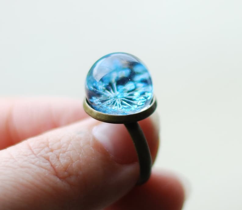 Blue Real Flower Ring Resin Orb Eco Jewelry Queen Anne's Lace Pressed Flower Terrarium Boho Ring image 1