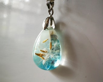 Löwenzahn Halskette Blau Tear Drop Harz Anhänger Make A Wish Terrarium Silber Halskette Botanische Schmuck