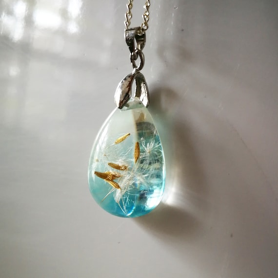 Dandelion Necklace Blue Tear Drop Resin Pendant Make A Wish